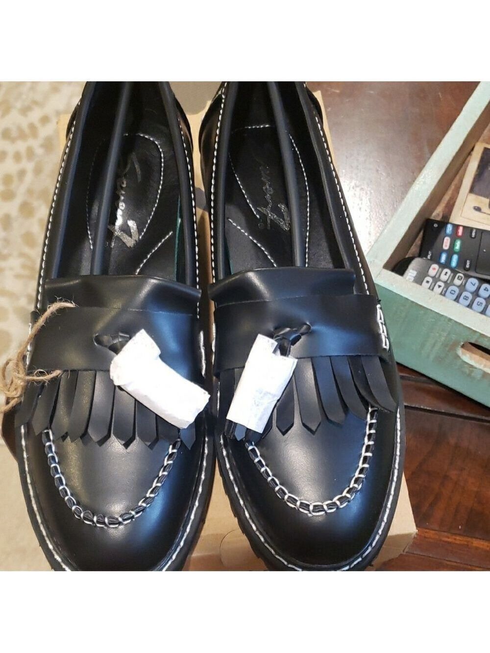 New In Box Seven7 Black Loafers with Lug Sole And Fringe Detail - Picture 4 of 7